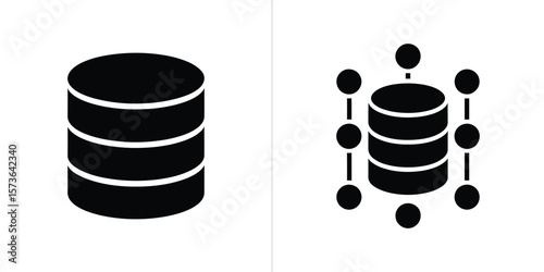 Database Icon Variations Isolated Stacked Data and Networked Node Representation in Black and White