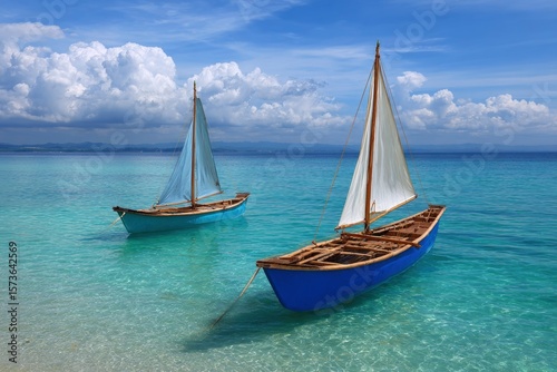Two blue sailboats float in shallow clear turquoise water under a bright sky with large cumulus clouds