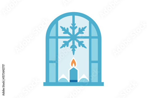 Frosty window frame with snowflake patterns and ice delicate winter vector art illustration