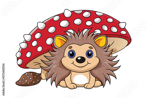 Shy hedgehog hiding under a mushroom adorable woodland creature vector art illustration