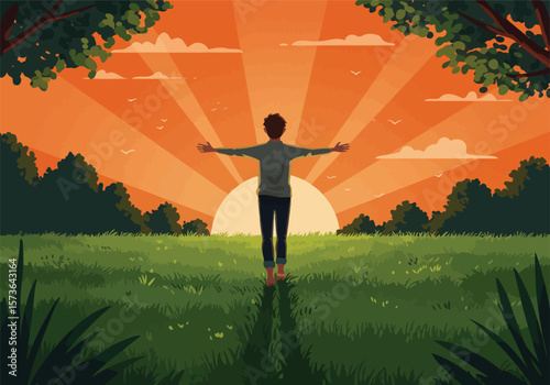 Person with outstretched arms enjoying the sunset in nature.