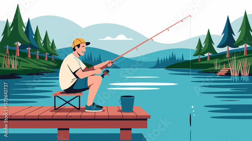 Person Fishing from Dock Surrounded by Nature Scene Vector Illustration
