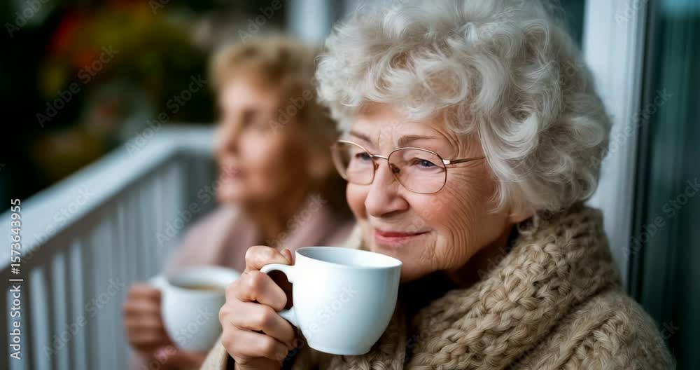 Women Sip Tea on Balcony Women Sip Tea on Balcony