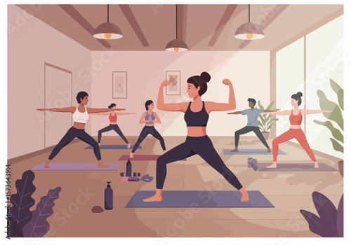 Confident Woman Flexing Arm in Yoga Pose Showing Strength and Fitness.