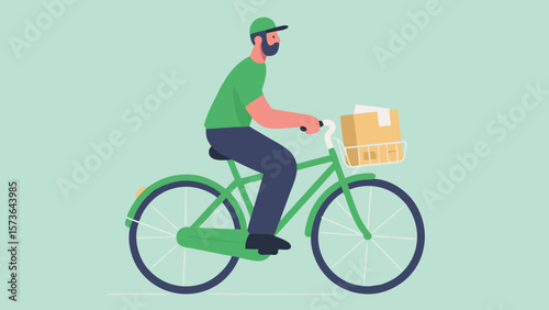 Vector illustration of a delivery person riding a bicycle carrying a package in a stylized flat