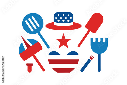 Patriotic BBQ icons set for 4th of July vector art illustration