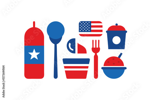 Patriotic cookout food icons set for summer celebration vector art illustration