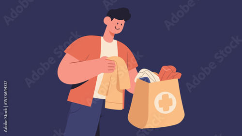 Vector illustration of a person providing essential supplies in a vibrant minimalist style