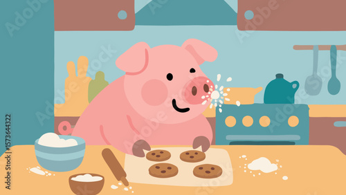 A happy pig baking cookies in a kitchen graphic illustration vector design