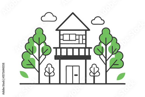 Simple outline of a two story treehouse nestled between trees vector art illustration