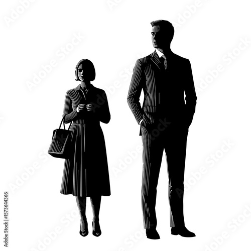 Silhouetted businesswoman and businessman standing side by side  