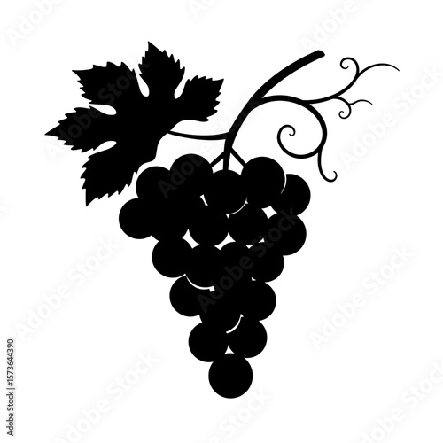 Grapes with curling tendrils and leaves in silhouette style  