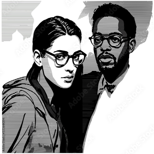 Young man and woman with glasses looking serious in monochrome illustration  