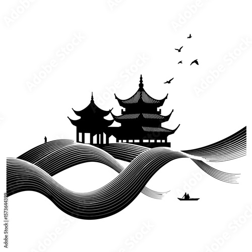 Traditional Chinese pagoda silhouette with waves and birds  
