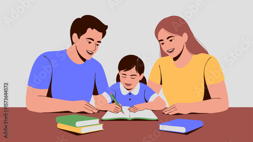 Family learning together, a father, mother, and daughter study at the table happily