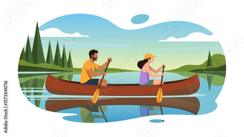Couple enjoying a tranquil lakeside paddling adventure in a charming canoe for recreation