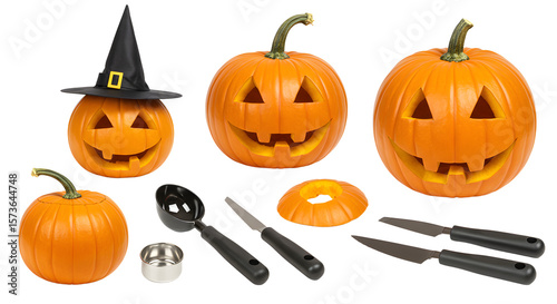 A festive scene featuring carved pumpkins with playful expressions, Halloween-themed accessories, and tools for decoration