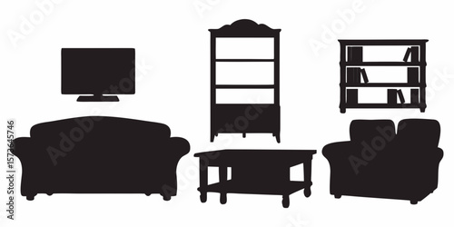 Home Furnishing Silhouettes: Clean silhouettes of assorted furniture, presenting a modern aesthetic, suitable for a minimalist living room, highlighting design elements