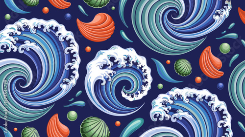 Imaginative ocean wave and marine shell vector design on a deep blue background