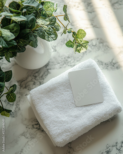 White Towel with Keycard and Green Plant on Marble. Fresh white towel with a blank hotel keycard placed on marble surface next to a green leafy plant under soft light.