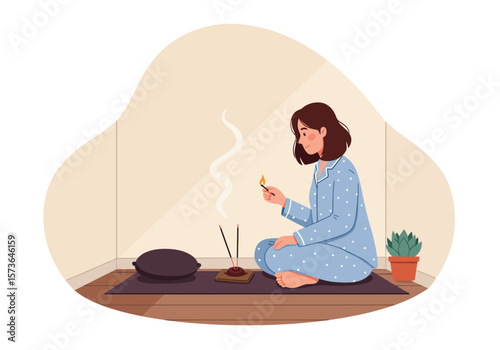 Woman in Pajamas Lighting Incense in a Peaceful Corner.