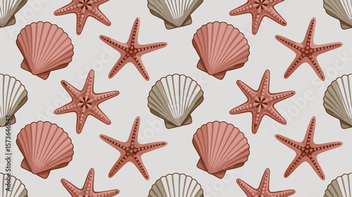 Detailed vector pattern of starfish and seashells on a light background design
