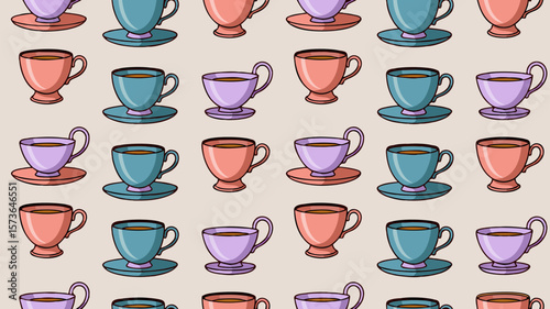 A delightful repeating patterned tea cups design with varied hues and a neutral background