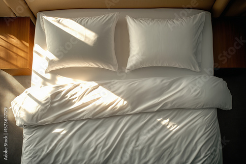 Minimalist Bed with White Bedding in Morning Light. Top view of a minimalist bed with clean white bedding, lit by soft morning sunlight coming through the window.