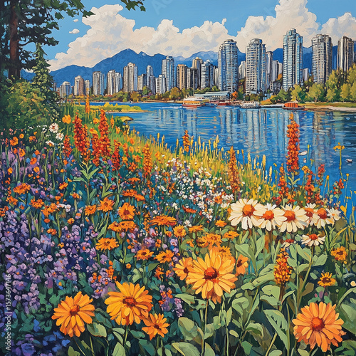 Colorful Wildflower Meadow by City Waterfront. Vibrant illustration of wildflowers blooming near a city waterfront with modern skyscrapers and mountains in the background.
