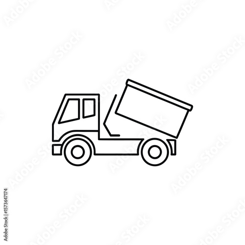 Line art shows a dump truck with its container tilted back for dumping