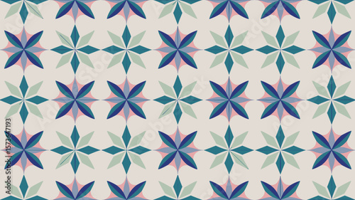 Geometric repeating pattern of star-like shapes in a pleasing combination of colours and tones