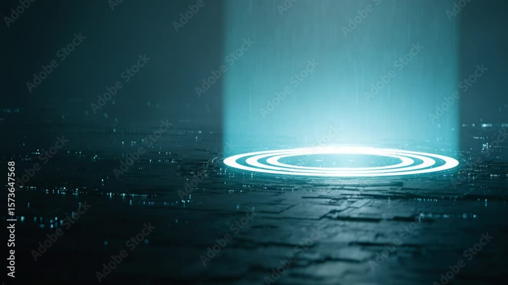 Futuristic Technology Concept with Glowing Light Beam and Digital Floor Pattern Seamless Looping