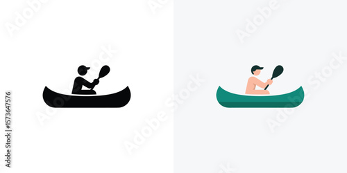 Man paddles a turquoise canoe wearing a cap, available in color and black silhouette versions