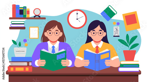 Two scholars immersed in literature with a collection of books and study accessories