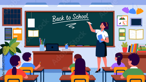 Colorful illustration of a teacher writing Back to School on the blackboard