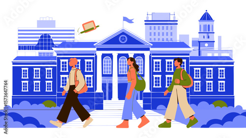Students walking to class, university campus scene with stylized illustration vector design