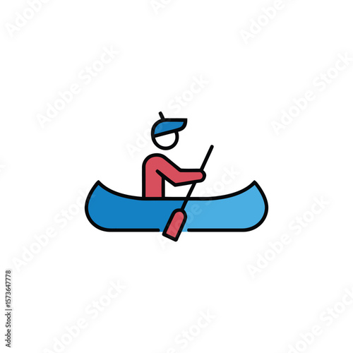 Man with cap paddles a blue canoe, enjoying a simple adventure