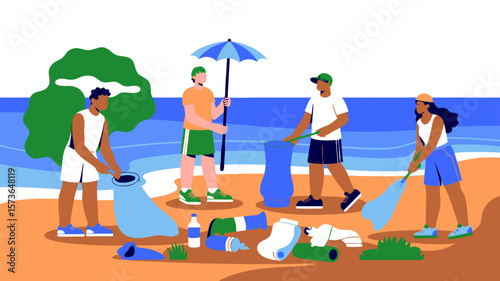 Beach Cleanup Crew: A Vector Illustration Depicting Litter Collection and Environmentalism