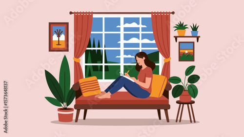 Woman writing in a notebook next to a window with a view of nature concept illustration