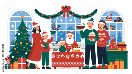 Festive family celebrating Christmas with santa, gifts, and sweet treats in a cozy atmosphere