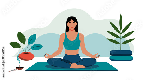 Woman doing yoga at home meditating with plants and a calming environment