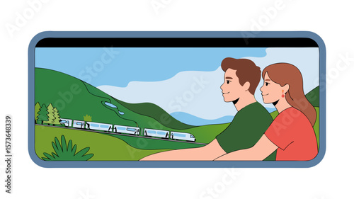 Couple enjoying scenic train ride through picturesque landscape with rolling hills and serene blue