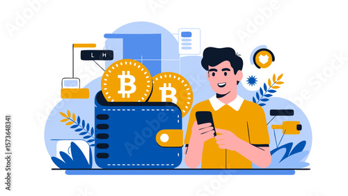 Digital Wallet and Cryptocurrency Investment Depiction with Bitcoin and Mobile Phone