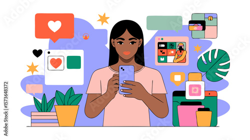 Woman interacting with social media on her phone with graphic icons floating around her figure