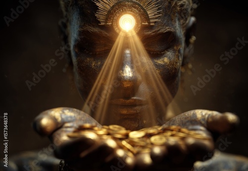Mystical Enlightenment and Prosperity: A captivating digital art piece depicts a serene figure with a third eye and gold coins, radiating enlightenment and wealth.