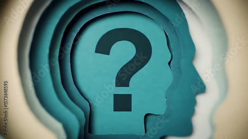 Abstract Head Profile Layers with Question Mark in Blue Papercut Style Reflecting Inner Mind Contemplation and Intellectual Dilemma