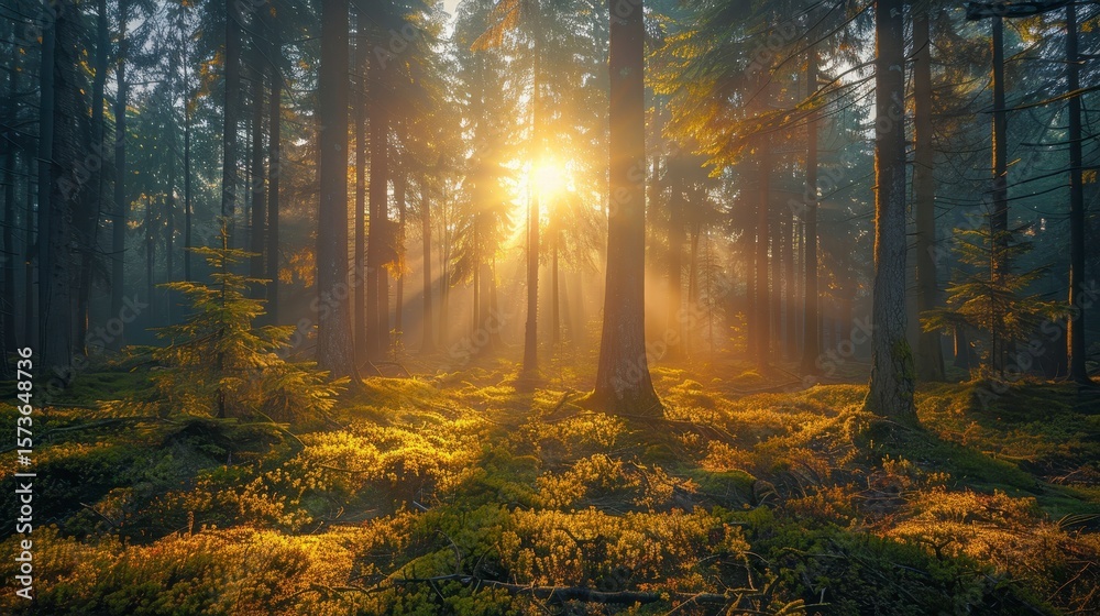 Naklejka premium Forest floor with sun rays shining through trees