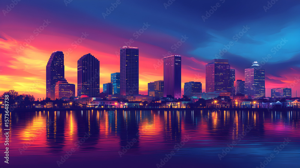 Fototapeta premium Colorful panoramic illustration of New Orleans skyline at horizon with vibrant artistic details and iconic cityscape elements, bright and lively urban landscape stock image 80953612 4