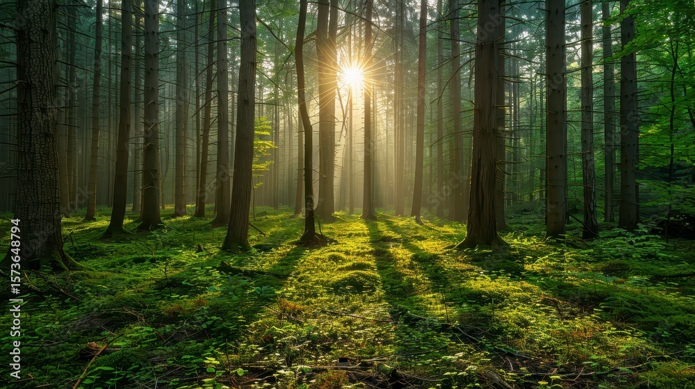 Obraz premium Sun streams through dense forest of tall trees, illuminating mossy undergrowth in a serene, verdant scene