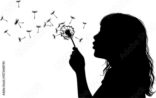 The profile of the silhouette of the girl blows dandelion. Vector illustration